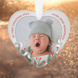 Baby's 1st Christmas Silver Holly Pine Frame Photo Ornament