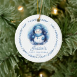 Baby's 1st Christmas Snowman 2 Sided Photo Ceramic Tree Decoration<br><div class="desc">Simply perfect 2 Sided Photo Baby's First Christmas ornament featuring a sweet little snowman wearing a blue hat,  scarf and mittens with modern hand drawn wreath.</div>
