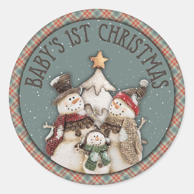 Baby's 1st Christmas Snowmen Classic Round Sticker (Front)