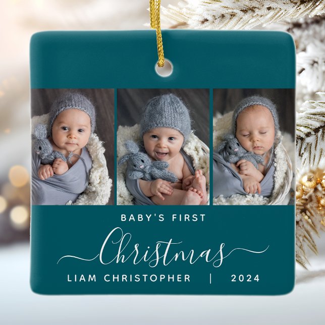 Baby's 1st Christmas Teal Blue 3 Photo Script Ceramic Ornament (Creator Uploaded)