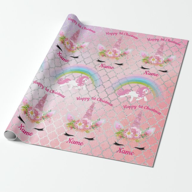 Babys 1st Christmas UNICORNS Sparkly Girls Named Wrapping Paper (Unrolled)