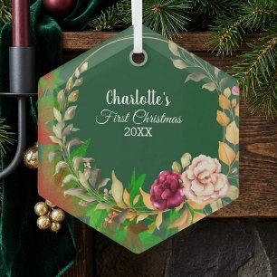 Babys 1st Christmas Watercolor Floral Wreath Green Glass Tree Decoration