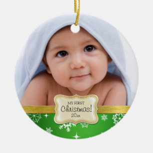 Baby's 1st Christmas. White and Green Snowflakes Ceramic Tree Decoration