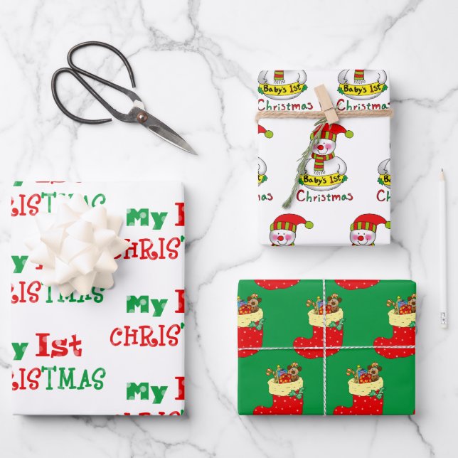 Baby's 1st Christmas, Xmas stocking, baby snowman Wrapping Paper Sheet (Front)