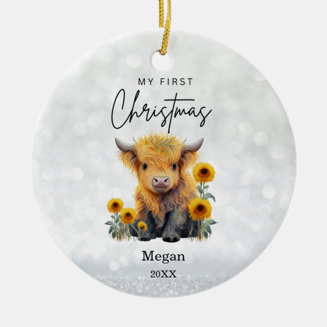 Baby's 1st First Christmas Highland Cow Sunflowers Ceramic Tree Decoration (Front)