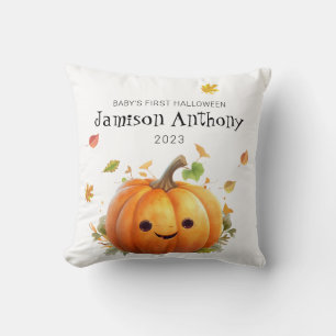 Babys 1st Halloween Cute Pumpkin & Leaves Cushion