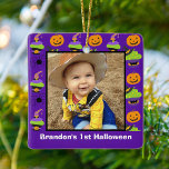 Baby's 1st Halloween Photo Cute Purple Custom Ceramic Ornament<br><div class="desc">This adorable baby's first Halloween ornament is perfect for new parents who love October. This pretty purple Halloween baby 1st ornament features a smiling Jack O' Lantern,  a spooky black spider and two different delicious cupcakes with witch's hats on top for a trick or treat delight.</div>