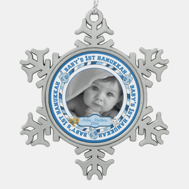 Baby's 1st Hanukkah Photo Name Dreidels Snowflake Pewter Christmas Ornament (Front)