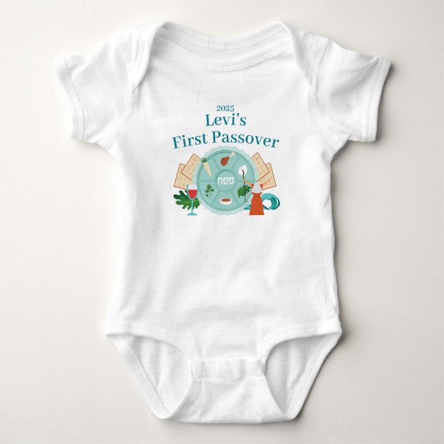 Babys 1st Passover Blue Custom Boy Name Year Baby Bodysuit (Front)