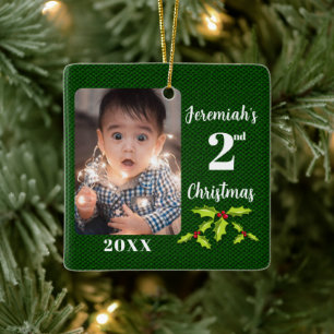 Baby's 2nd Christmas Green Faux Fabric Keepsake Ceramic Ornament