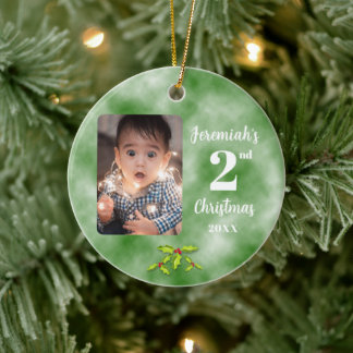 Baby's 2nd Christmas One Photo Round Green Ceramic Tree Decoration