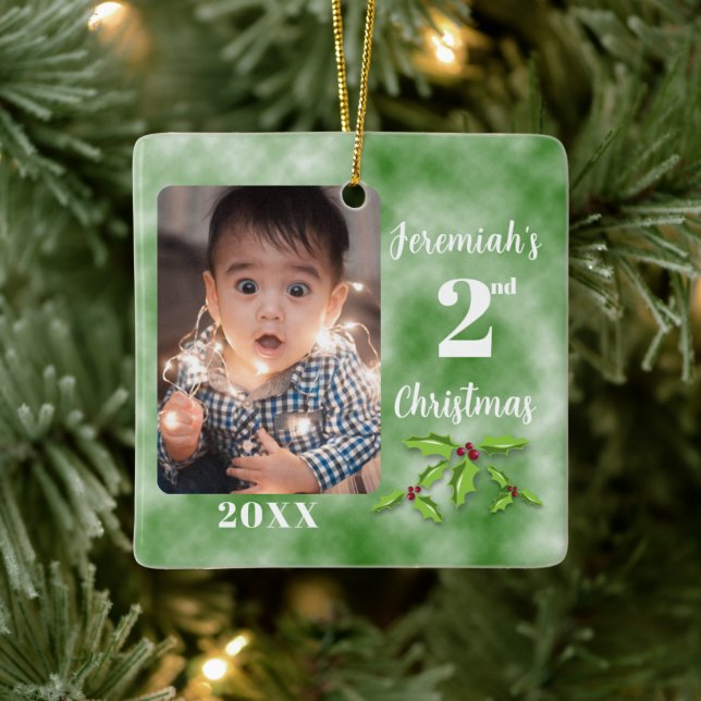 Baby's 2nd Christmas One Photo Square Ceramic Ornament (Tree)