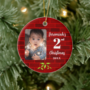 Baby's 2nd Christmas Red Brick Round Keepsake Ceramic Tree Decoration