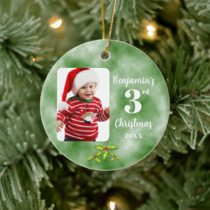 Baby's 3rd Christmas One Photo Round Ceramic Tree Decoration