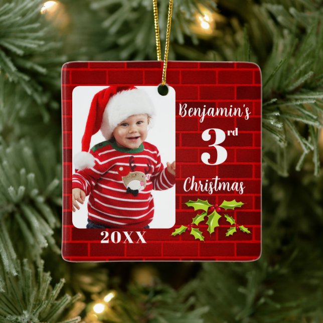 Baby's 3rd Christmas Red Brick Keepsake Ceramic Ornament (Tree)