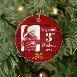 Baby's 3rd Christmas Red Brick Round Keepsake  Ceramic Tree Decoration