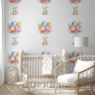 Babys Bedroom Rabbit Floating with Balloons Wallpaper