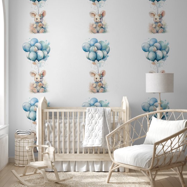 Babys Bedroom Rabbit Floating with Blue Balloons Wallpaper (Kids)
