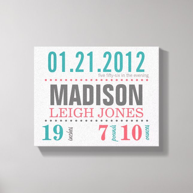 Baby's Birth Date Details Canvas - Cotton Candy (Front)
