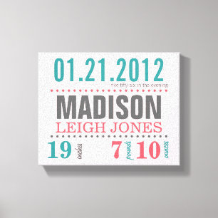 Baby's Birth Date Details Canvas - Cotton Candy Print