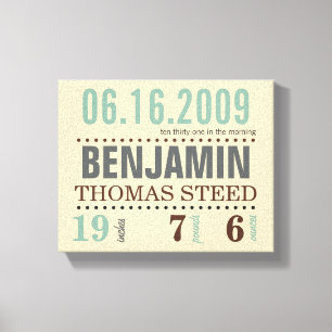 Baby's Birth Date Details Canvas - Sand & Sea Print