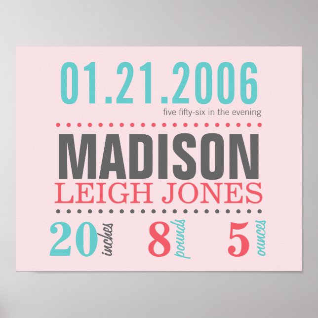 Baby's Birth Date Details Poster - Cotton Candy (Front)