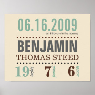 Baby's Birth Date Details Poster - Sand & Sea