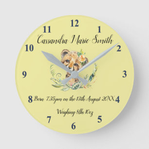 Baby's Birth Memento With Baby Cheetah Round Clock