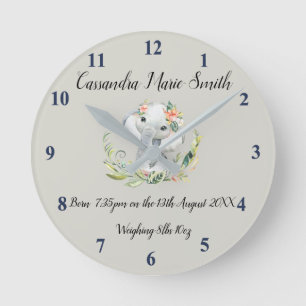 Baby's Birth Memento With Baby Elephant Round Clock