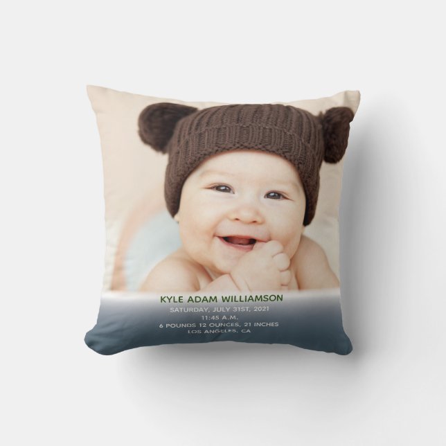 Baby's Birth Record Stats Blue Photo Cushion (Front)