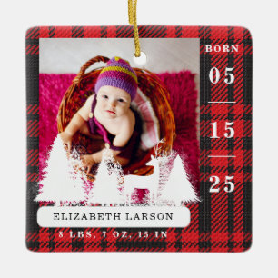 Baby's Birth Stats First Christmas Plaid Pattern Ceramic Ornament