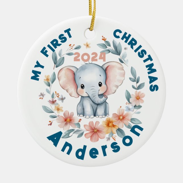 Baby's Boy First Christmas Cute Elephant  Ceramic Tree Decoration (Front)