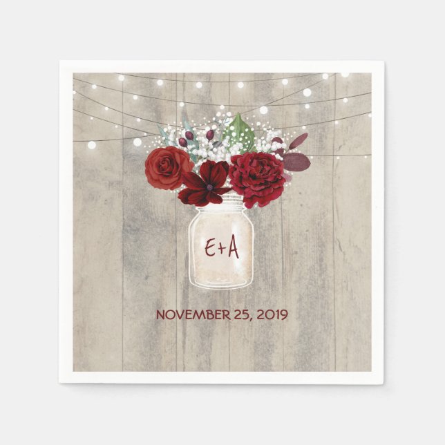 Baby's Breath and Burgundy Floral Mason Jar Rustic Napkin (Front)
