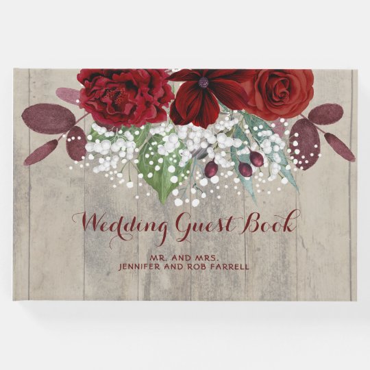 Baby S Breath And Burgundy Flowers Rustic Wedding Guest Book Zazzle Co Uk
