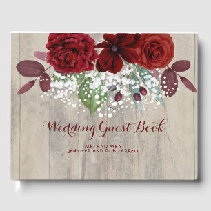 Baby's Breath and Burgundy Flowers Rustic Wedding Guest Book