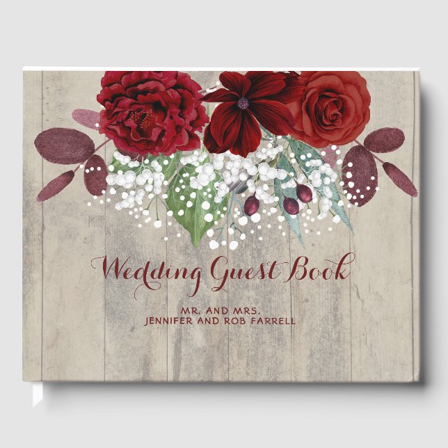 Baby's Breath and Burgundy Flowers Rustic Wedding Guest Book (Front)