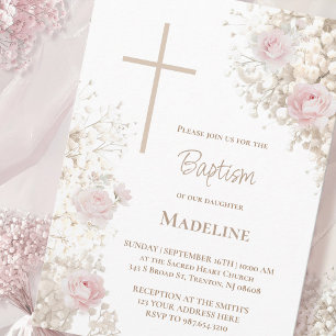 Baby's Breath and pink roses Baptism Invitation