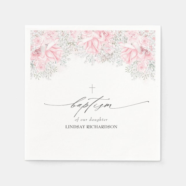 Baby's Breath and Pink Roses Baptism Napkin (Front)