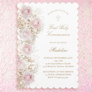 Baby's Breath and pink roses First Communion Invitation
