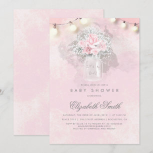 Baby's Breath and Pink Roses Rustic Baby Shower Invitation