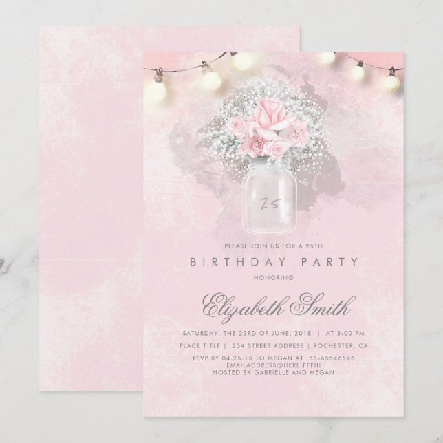 Baby's Breath and Pink Roses Rustic Birthday Party Invitation (Front/Back)