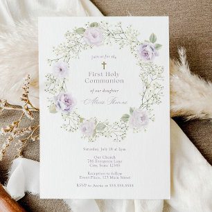 Baby's Breath and Purple Roses First Communion Invitation