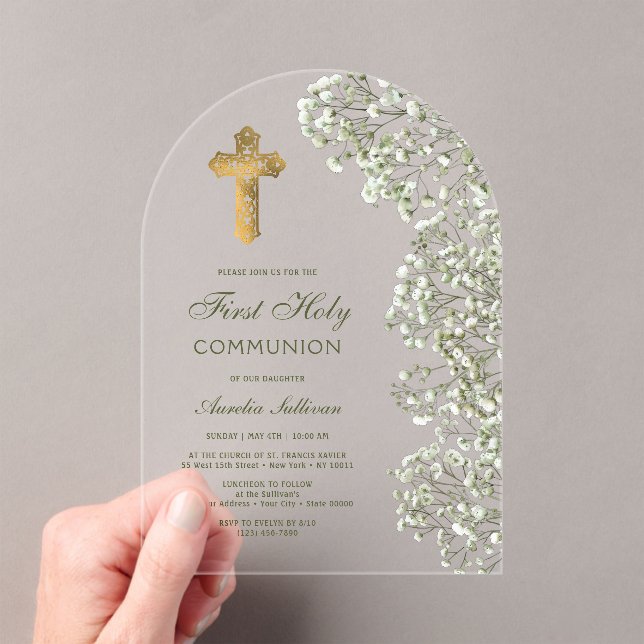 Baby's Breath Arch First Communion Acrylic Invitations (Insitu (Handheld))