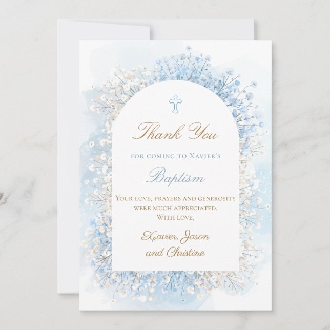 Baby's Breath baby boy Baptism thank you card (Front)