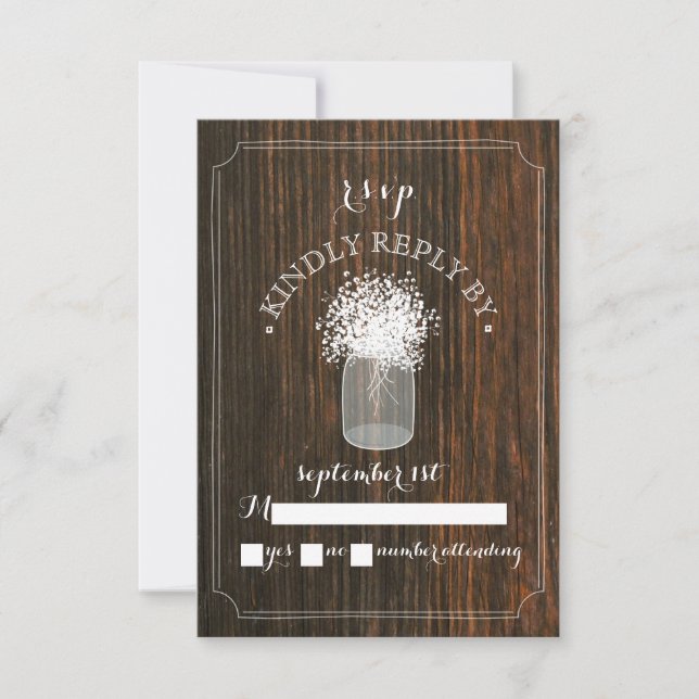 Baby's Breath Barn Wood Mason Jar RSVP Card (Front)