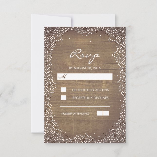 Baby's Breath Barn Wood Rustic Wedding RSVP Cards (Front)
