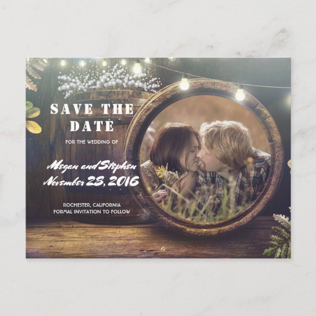 Baby's Breath Barrel Rustic Photo Save the Date Announcement Postcard (Front)