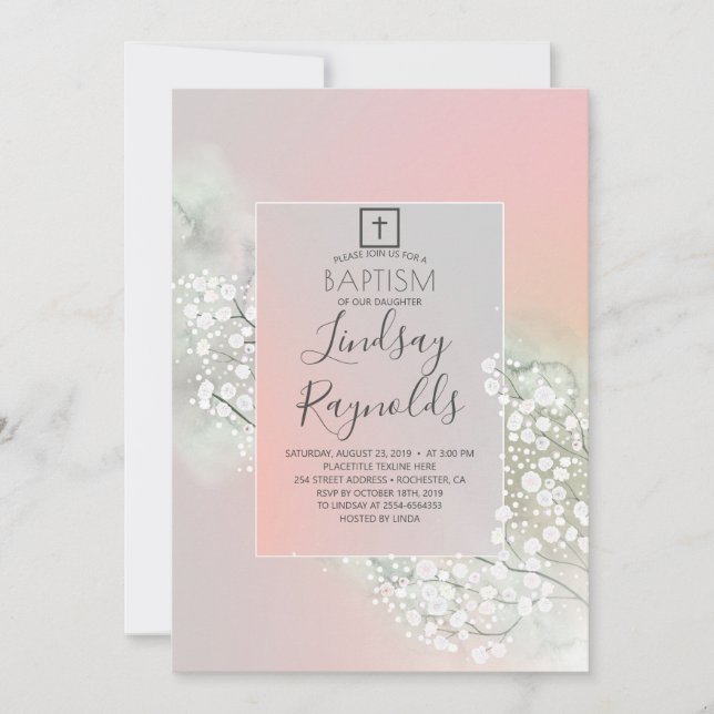 Baby's Breath Blush Pink Floral Girls Baptism Invitation (Front)