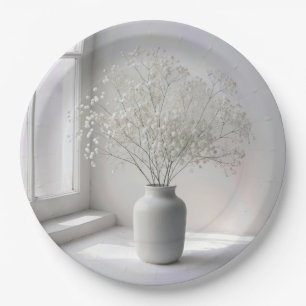 Baby's Breath Bouquet In White Vase Paper Plate