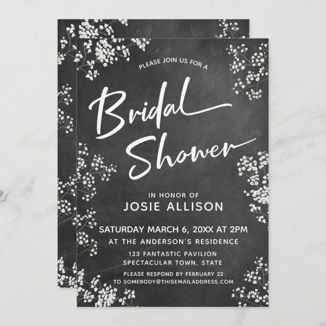 Baby's Breath Chalkboard Modern Bridal Shower Invitation (Front/Back)